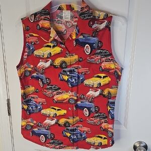 Vintage Car Print Sleeveless Blouse - Red